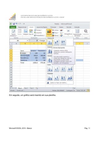 GOVERNO DO ESTADO DO ESPÍRITO SANTO
ESCOLA DE SERVIÇO PÚBLICO DO ESPÍRITO SANTO - ESESP
Microsoft EXCEL 2010 - Básico Pág. 73
Em seguida, um gráfico será inserido em sua planilha.
 