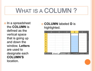 WHAT IS A COLUMN ?
 In a spreadsheet
the COLUMN is
defined as the
vertical space
that is going up
and down the
window. Letters
are used to
designate each
COLUMN'S
location.
 COLUMN labeled D is
highlighted.
 