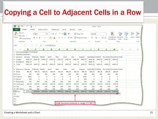 Creating a Worksheet and a Chart 15
Copying a Cell to Adjacent Cells in a Row
 