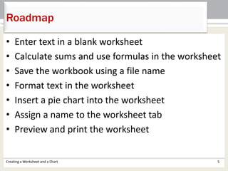 • Enter text in a blank worksheet
• Calculate sums and use formulas in the worksheet
• Save the workbook using a file name
• Format text in the worksheet
• Insert a pie chart into the worksheet
• Assign a name to the worksheet tab
• Preview and print the worksheet
Creating a Worksheet and a Chart 5
Roadmap
 