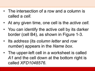 • The intersection of a row and a column is
called a cell.
• At any given time, one cell is the active cell.
• You can identify the active cell by its darker
border (cell B4), as shown in Figure 1-3.
• Its address (its column letter and row
number) appears in the Name box.
• The upper-left cell in a worksheet is called
A1 and the cell down at the bottom right is
called XFD1048576.
 
