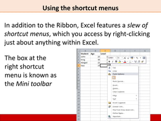 Using the shortcut menus
In addition to the Ribbon, Excel features a slew of
shortcut menus, which you access by right-clicking
just about anything within Excel.
The box at the
right shortcut
menu is known as
the Mini toolbar
 
