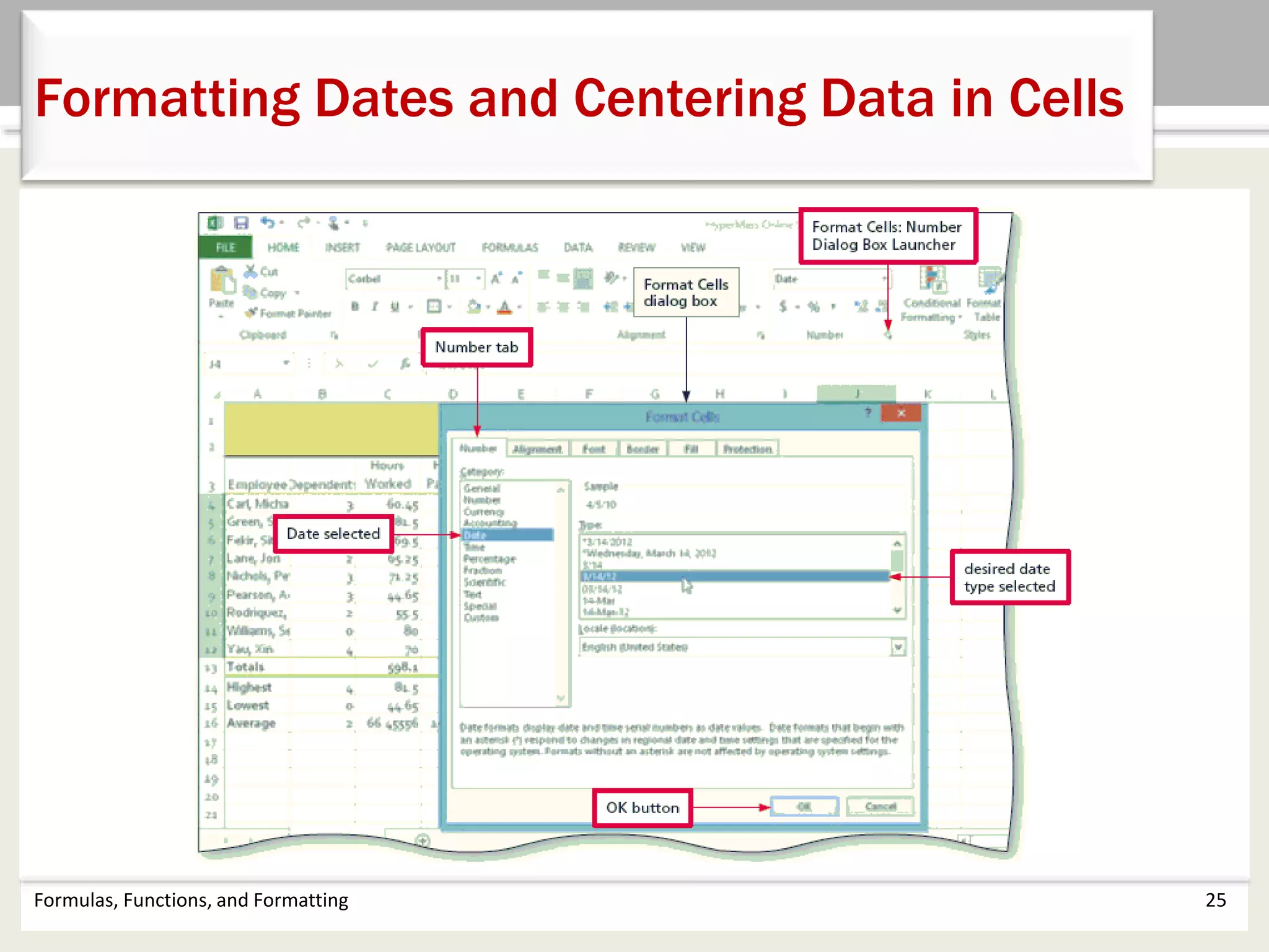 Formulas, Functions, and Formatting 25
Formatting Dates and Centering Data in Cells
 
