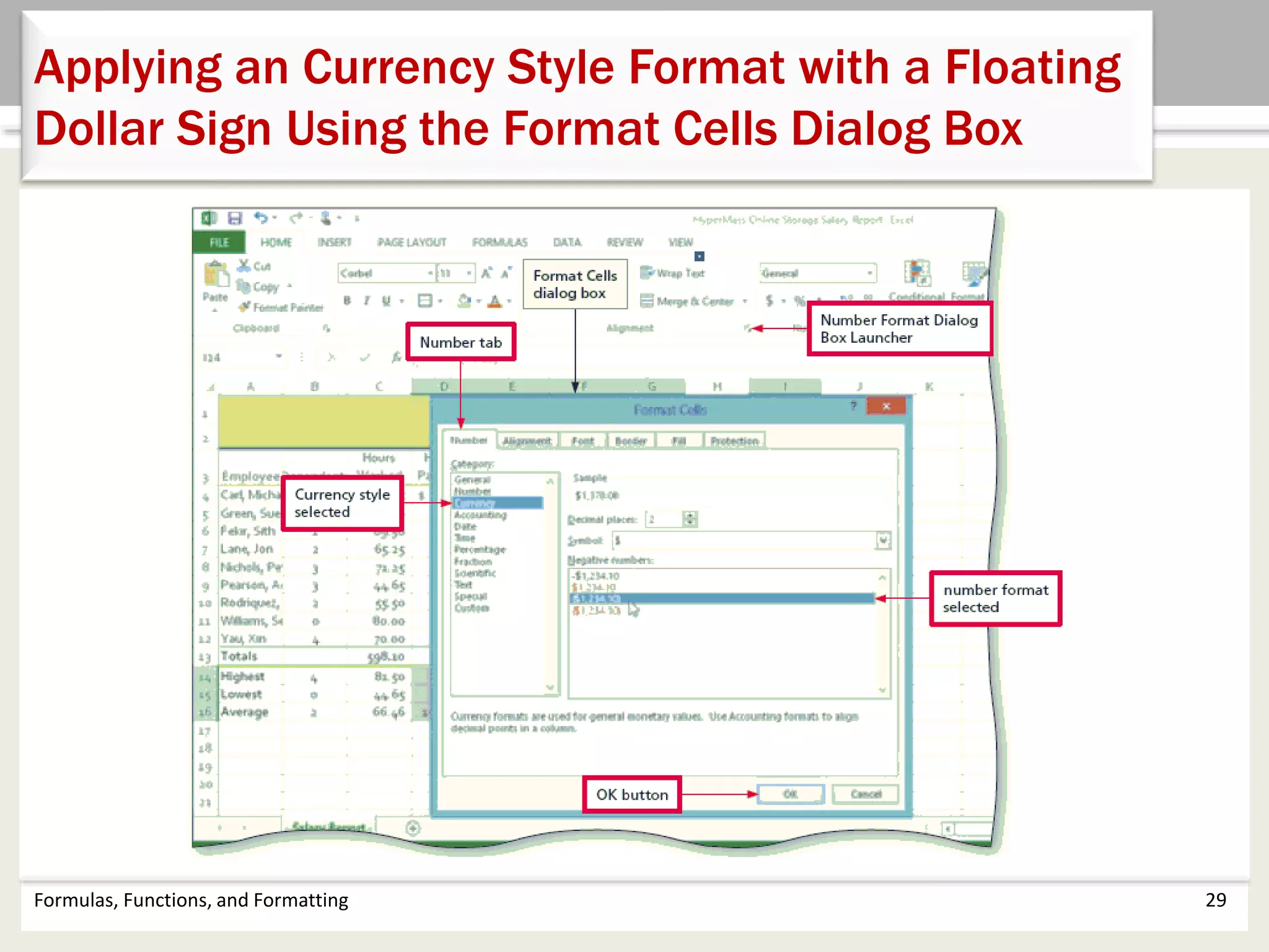 Formulas, Functions, and Formatting 29
Applying an Currency Style Format with a Floating
Dollar Sign Using the Format Cells Dialog Box
 