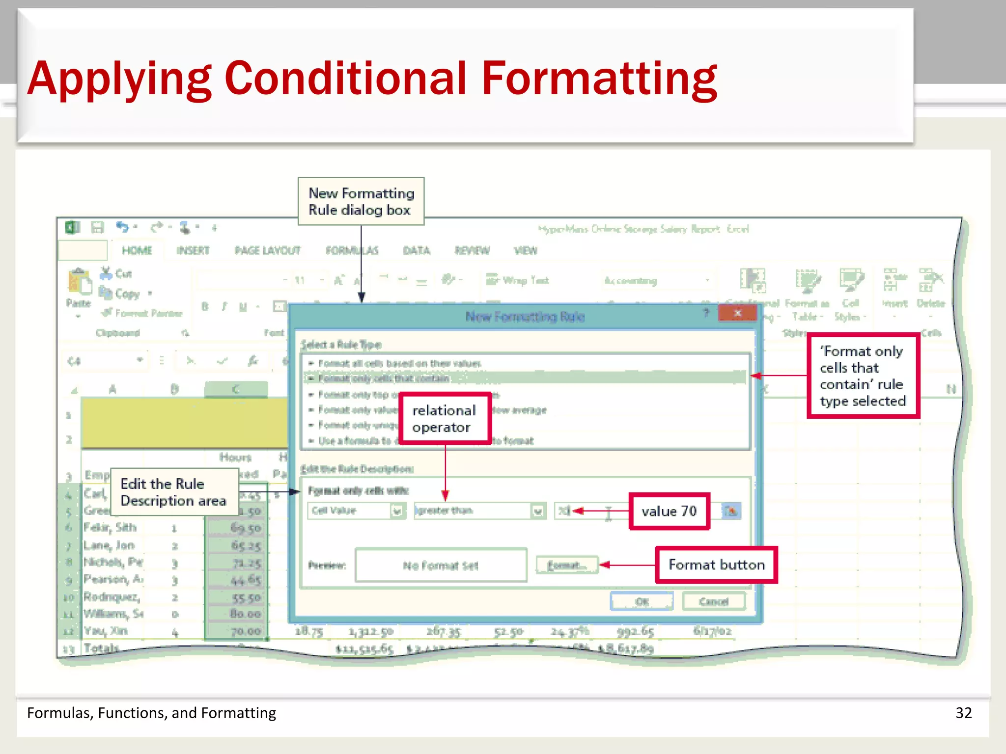 Formulas, Functions, and Formatting 32
Applying Conditional Formatting
 