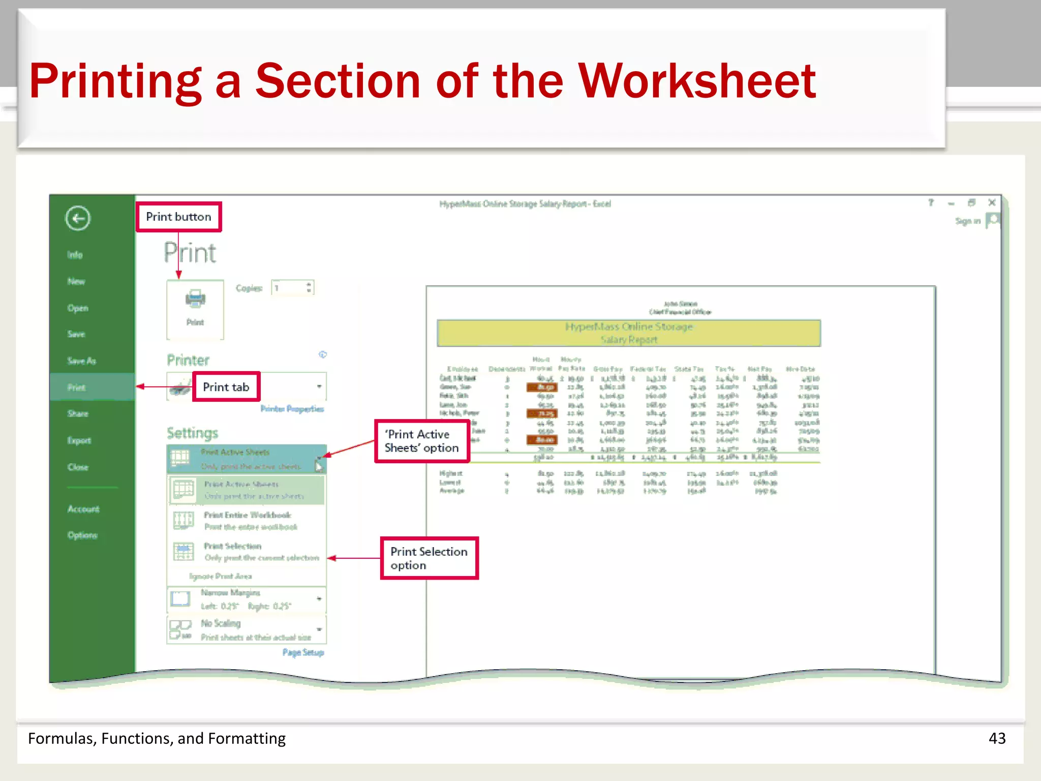 Formulas, Functions, and Formatting 43
Printing a Section of the Worksheet
 