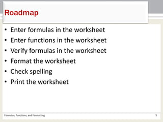 • Enter formulas in the worksheet
• Enter functions in the worksheet
• Verify formulas in the worksheet
• Format the worksheet
• Check spelling
• Print the worksheet
Formulas, Functions, and Formatting 5
Roadmap
 