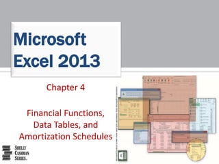 Chapter 4
Financial Functions,
Data Tables, and
Amortization Schedules
Microsoft
Excel 2013
 