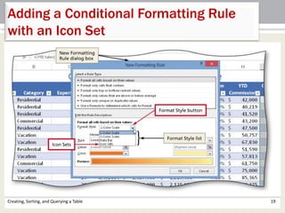 Creating, Sorting, and Querying a Table 19
Adding a Conditional Formatting Rule
with an Icon Set
 