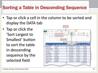Creating, Sorting, and Querying a Table 23
Sorting a Table in Descending Sequence
• Tap or click a cell in the column to be sorted and
display the DATA tab
• Tap or click the
‘Sort Largest to
Smallest’ button
to sort the table
in descending
sequence by the
selected field
 