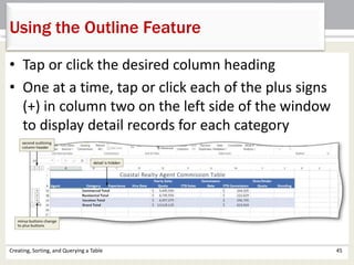 Using the Outline Feature
Creating, Sorting, and Querying a Table 45
• Tap or click the desired column heading
• One at a time, tap or click each of the plus signs
(+) in column two on the left side of the window
to display detail records for each category
 