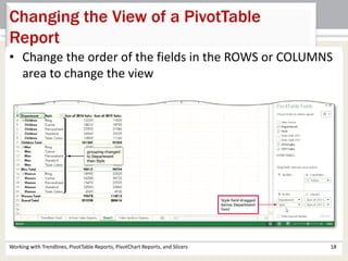 Changing the View of a PivotTable 
Report 
• Change the order of the fields in the ROWS or COLUMNS 
area to change the view 
Working with Trendlines, PivotTable Reports, PivotChart Reports, and Slicers 18 
 