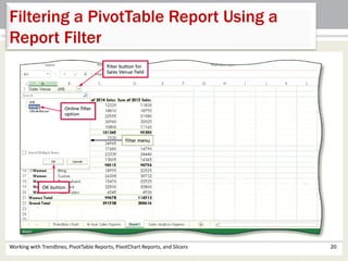 Filtering a PivotTable Report Using a 
Report Filter 
Working with Trendlines, PivotTable Reports, PivotChart Reports, and Slicers 20 
 