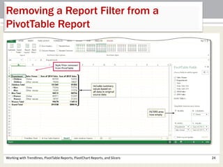 Removing a Report Filter from a 
PivotTable Report 
Working with Trendlines, PivotTable Reports, PivotChart Reports, and Slicers 24 
 