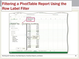 Filtering a PivotTable Report Using the 
Row Label Filter 
Working with Trendlines, PivotTable Reports, PivotChart Reports, and Slicers 26 
 