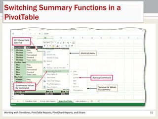 Switching Summary Functions in a 
PivotTable 
Working with Trendlines, PivotTable Reports, PivotChart Reports, and Slicers 31 
 