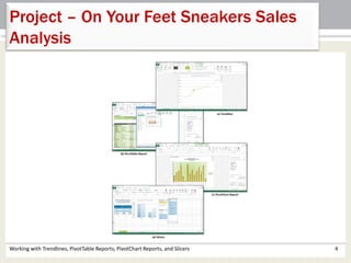 Project – On Your Feet Sneakers Sales 
Analysis 
Working with Trendlines, PivotTable Reports, PivotChart Reports, and Slicers 4 
 