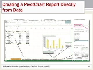 Creating a PivotChart Report Directly 
from Data 
Working with Trendlines, PivotTable Reports, PivotChart Reports, and Slicers 49 
 