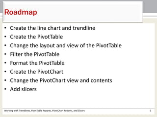 Roadmap 
• Create the line chart and trendline 
• Create the PivotTable 
• Change the layout and view of the PivotTable 
• Filter the PivotTable 
• Format the PivotTable 
• Create the PivotChart 
• Change the PivotChart view and contents 
• Add slicers 
Working with Trendlines, PivotTable Reports, PivotChart Reports, and Slicers 5 
 