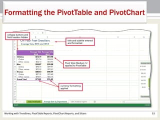 Formatting the PivotTable and PivotChart 
Working with Trendlines, PivotTable Reports, PivotChart Reports, and Slicers 53 
 