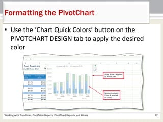 Formatting the PivotChart 
• Use the ‘Chart Quick Colors’ button on the 
PIVOTCHART DESIGN tab to apply the desired 
color 
Working with Trendlines, PivotTable Reports, PivotChart Reports, and Slicers 57 
 