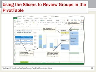 Using the Slicers to Review Groups in the 
PivotTable 
Working with Trendlines, PivotTable Reports, PivotChart Reports, and Slicers 63 
 