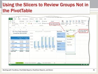 Using the Slicers to Review Groups Not in 
the PivotTable 
Working with Trendlines, PivotTable Reports, PivotChart Reports, and Slicers 65 
 