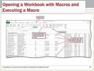 Opening a Workbook with Macros and 
Executing a Macro 
Using Macros, Controls and Visual Basic for Applications (VBA) with Excel 20 
 