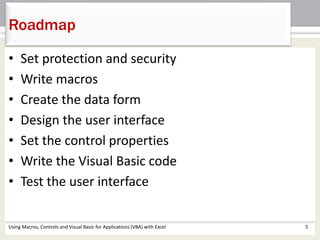 Roadmap 
• Set protection and security 
• Write macros 
• Create the data form 
• Design the user interface 
• Set the control properties 
• Write the Visual Basic code 
• Test the user interface 
Using Macros, Controls and Visual Basic for Applications (VBA) with Excel 5 
 
