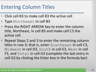 Entering Column Titles
• Click cell B3 to make cell B3 the active cell
• Type Northeast in cell B3
• Press the RIGHT ARROW key to enter the column
  title, Northeast, in cell B3 and make cell C3 the
  active cell
• Repeat Steps 2 and 3 to enter the remaining column
  titles in row 3; that is, enter Southeast in cell C3,
  Midwest in cell D3, South in cell E3, West in cell
  F3, and Total in cell G3 (complete the last entry in
  cell G3 by clicking the Enter box in the formula bar)

Microsoft Office 2007: Introductory Concepts and Techniques   10
 