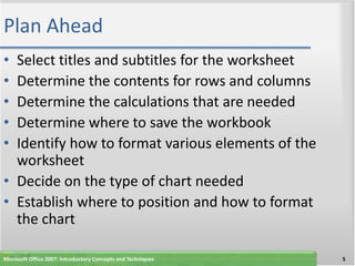 Plan Ahead
• Select titles and subtitles for the worksheet
• Determine the contents for rows and columns
• Determine the calculations that are needed
• Determine where to save the workbook
• Identify how to format various elements of the
  worksheet
• Decide on the type of chart needed
• Establish where to position and how to format
  the chart

Microsoft Office 2007: Introductory Concepts and Techniques   5
 