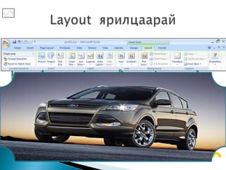 Аxis
        Insert               Тэнхлэ
       Графикт                                  analysis
                              гүүд
        нэмж                                 давхар график
                   labels                     татаж болно
       оруулах   Гарчиг ба
Chart area         бусад
Графикийн        тохиргоо
   муж                                background
                                      Дэвсгэр өнгө
 