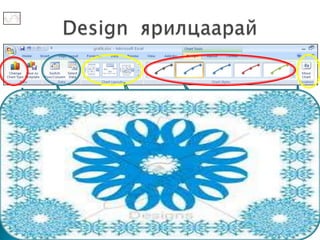 Chart Layout
               Data                       Type
                        Графикийн
            Өгөгдлийн                  Графикийн
                        элементүүд
            тохиргоо                   өнгө загвар

   Type                                                 Type
Графикийн                                            Графикийн
 төрлийг                                             байрлалыг
  сонгох                                              өөрчлөх
 
