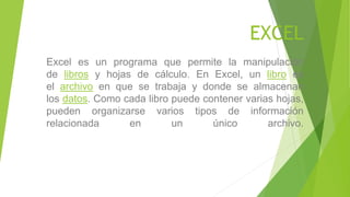 EXCEL
Excel es un programa que permite la manipulación
de libros y hojas de cálculo. En Excel, un libro es
el archivo en que se trabaja y donde se almacenan
los datos. Como cada libro puede contener varias hojas,
pueden organizarse varios tipos de información
relacionada en un único archivo.
 