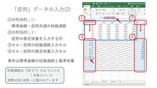 「症例」データの入力(2)
①の列(A列↓)：
標準曲線・症例共通の妊娠週数
②の列(G列↓)：
症例の推定体重を入力する列
③セル：症例の妊娠週数入力セル
④セル：症例の推定体重入力セル
青枠は標準曲線の妊娠週数と基準体重
妊娠週数は「39 1/7」のように入力
↑半角スペース
実際は39.1428…と扱われています
1 2
3 4
 