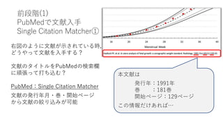 前段階(1)
PubMedで文献入手
Single Citation Matcher①
右図のように文献が示されている時，
どうやって文献を入手する？
文献のタイトルをPubMedの検索欄
に頑張って打ち込む？
PubMed：Single Citation Matcher
文献の発行年月・巻・開始ページ
から文献の絞り込みが可能
本文献は
発行年：1991年
巻 ：181巻
開始ページ：129ページ
この情報だけあれば…
 