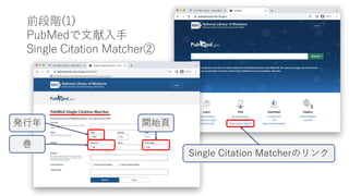 前段階(1)
PubMedで文献入手
Single Citation Matcher②
Single Citation Matcherのリンク
発行年
巻
開始頁
 