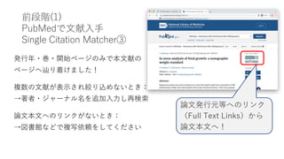前段階(1)
PubMedで文献入手
Single Citation Matcher③
発行年・巻・開始ページのみで本文献の
ページへ辿り着けました！
複数の文献が表示され絞り込めないとき：
→著者・ジャーナル名を追加入力し再検索
論文本文へのリンクがないとき：
→図書館などで複写依頼をしてください
論文発行元等へのリンク
（Full Text Links）から
論文本文へ！
 