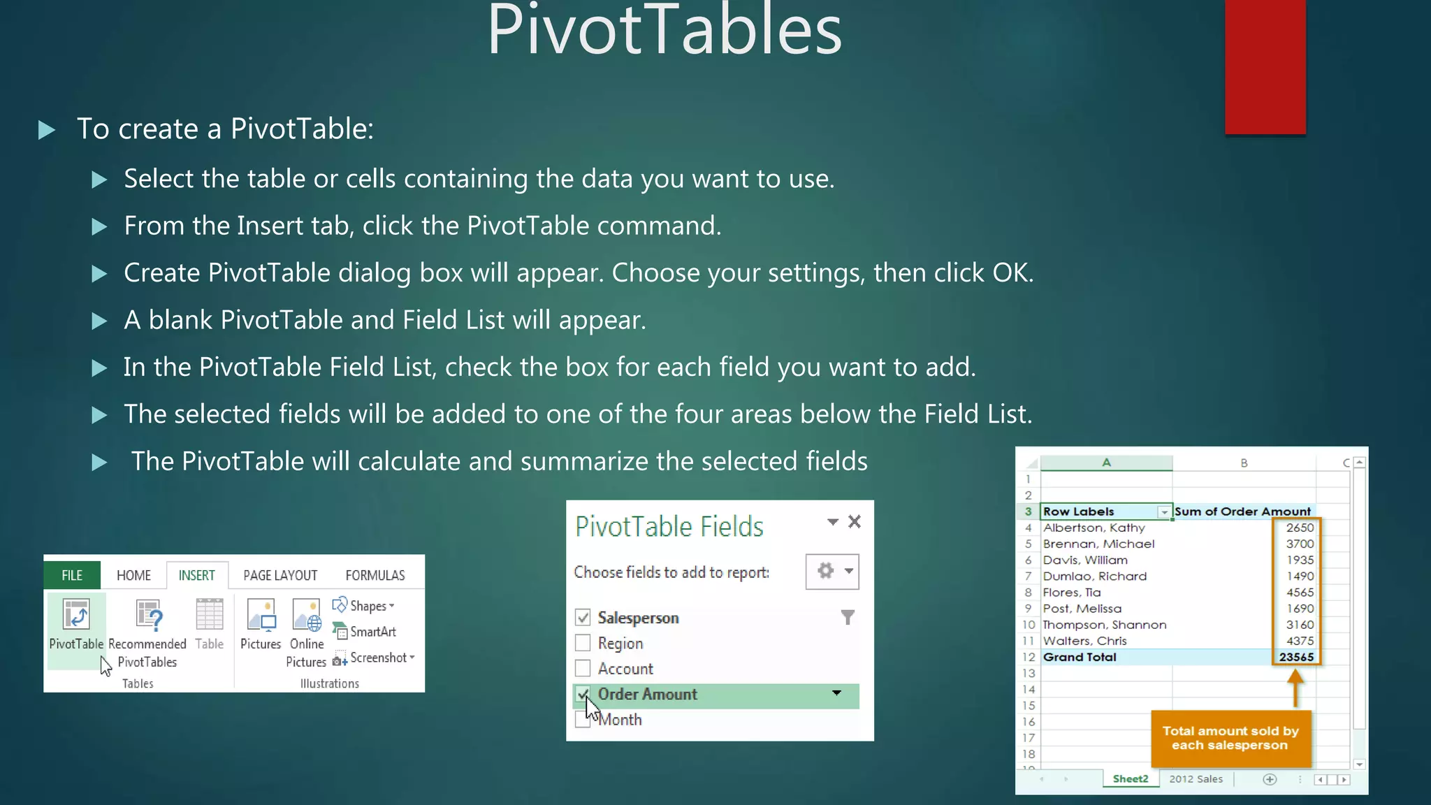 PivotTables
 To create a PivotTable:
 Select the table or cells containing the data you want to use.
 From the Insert tab, click the PivotTable command.
 Create PivotTable dialog box will appear. Choose your settings, then click OK.
 A blank PivotTable and Field List will appear.
 In the PivotTable Field List, check the box for each field you want to add.
 The selected fields will be added to one of the four areas below the Field List.
 The PivotTable will calculate and summarize the selected fields
 