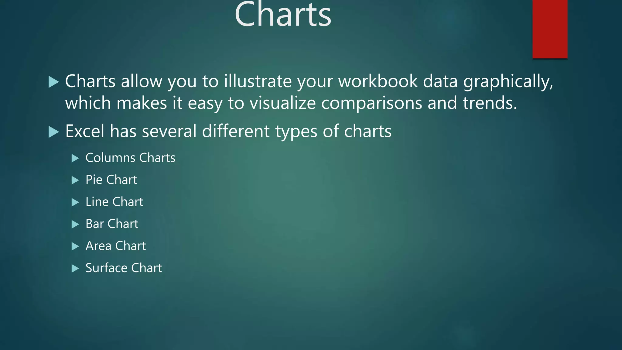 Charts
 Charts allow you to illustrate your workbook data graphically,
which makes it easy to visualize comparisons and trends.
 Excel has several different types of charts
 Columns Charts
 Pie Chart
 Line Chart
 Bar Chart
 Area Chart
 Surface Chart
 