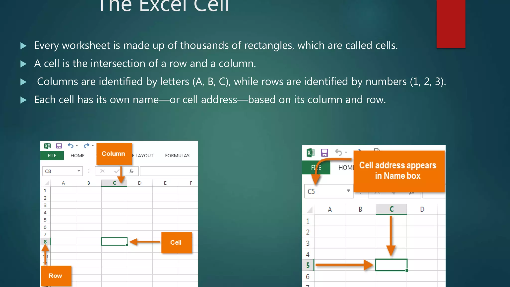 The Excel Cell
 Every worksheet is made up of thousands of rectangles, which are called cells.
 A cell is the intersection of a row and a column.
 Columns are identified by letters (A, B, C), while rows are identified by numbers (1, 2, 3).
 Each cell has its own name—or cell address—based on its column and row.
 