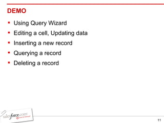 DEMO Using Query Wizard Editing a cell, Updating data Inserting a new record Querying a record Deleting a record 