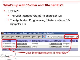What’s up with 15-char and 18-char IDs? UI vs API The User Interface returns 15-character IDs The Application Programming Interface returns 18-character IDs User  I nterface returns 15-char IDs 