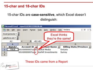 15-char and 18-char IDs  15-char IDs are  case-sensitive , which Excel doesn’t distinguish: Excel thinks they’re the same! These IDs came from a Report 