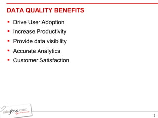 DATA QUALITY BENEFITS Drive User Adoption Increase Productivity Provide data visibility Accurate Analytics Customer Satisfaction 