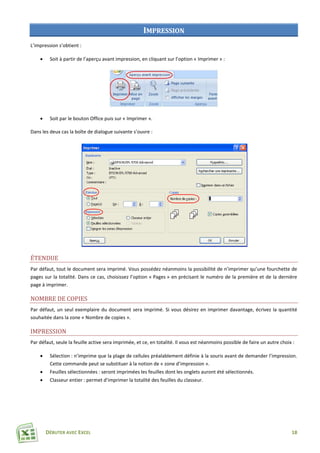 DÉBUTER AVEC EXCEL 18
IMPRESSION
L’impression s’obtient :
 Soit à partir de l’aperçu avant impression, en cliquant sur l’option « Imprimer » :
 Soit par le bouton Office puis sur « Imprimer ».
Dans les deux cas la boîte de dialogue suivante s’ouvre :
ÉTENDUE
Par défaut, tout le document sera imprimé. Vous possédez néanmoins la possibilité de n’imprimer qu’une fourchette de
pages sur la totalité. Dans ce cas, choisissez l’option « Pages » en précisant le numéro de la première et de la dernière
page à imprimer.
NOMBRE DE COPIES
Par défaut, un seul exemplaire du document sera imprimé. Si vous désirez en imprimer davantage, écrivez la quantité
souhaitée dans la zone « Nombre de copies ».
IMPRESSION
Par défaut, seule la feuille active sera imprimée, et ce, en totalité. Il vous est néanmoins possible de faire un autre choix :
 Sélection : n’imprime que la plage de cellules préalablement définie à la souris avant de demander l’impression.
Cette commande peut se substituer à la notion de « zone d’impression ».
 Feuilles sélectionnées : seront imprimées les feuilles dont les onglets auront été sélectionnés.
 Classeur entier : permet d’imprimer la totalité des feuilles du classeur.
 