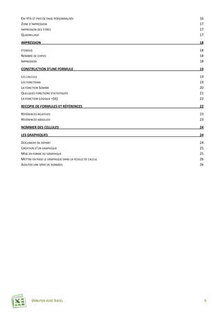 DÉBUTER AVEC EXCEL 3
EN-TÊTE ET PIED DE PAGE PERSONNALISÉS 16
ZONE D’IMPRESSION 17
IMPRESSION DES TITRES 17
QUADRILLAGE 17
IMPRESSION 18
ÉTENDUE 18
NOMBRE DE COPIES 18
IMPRESSION 18
CONSTRUCTION D’UNE FORMULE 19
LES CALCULS 19
LES FONCTIONS 19
LA FONCTION SOMME 20
QUELQUES FONCTIONS STATISTIQUES 21
LA FONCTION LOGIQUE =SI() 22
RECOPIE DE FORMULES ET RÉFÉRENCES 22
RÉFÉRENCES RELATIVES 23
RÉFÉRENCES ABSOLUES 23
NOMMER DES CELLULES 24
LES GRAPHIQUES 24
DOCUMENT DE DÉPART 24
CRÉATION D’UN GRAPHIQUE 25
MISE EN FORME DU GRAPHIQUE 25
METTRE EN PAGE LE GRAPHIQUE DANS LA FEUILLE DE CALCUL 26
AJOUTER UNE SÉRIE DE DONNÉES 26
 
