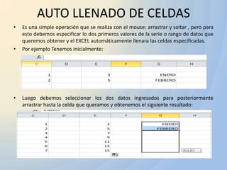 AUTO LLENADO DE CELDAS
•   Es una simple operación que se realiza con el mouse: arrastrar y soltar , pero para
    esto debemos especificar lo dos primeros valores de la serie o rango de datos que
    queremos obtener y el EXCEL automáticamente llenara las celdas especificadas.
•   Por ejemplo Tenemos inicialmente:




•   Luego debemos seleccionar los dos datos ingresados para posteriormente
    arrastrar hasta la celda que queramos y obtenemos el siguiente resultado:
 