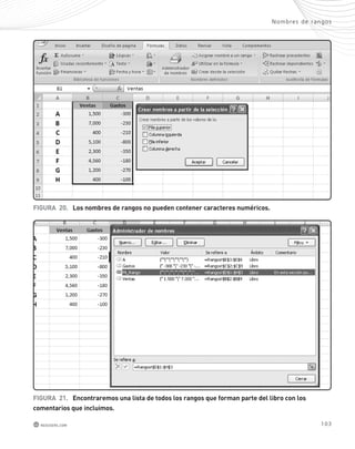 FiGura 20. los nombres de rangos no pueden contener caracteres numéricos. 
Nombres de rangos 
FiGura 21. encontraremos una lista de todos los rangos que forman parte del libro con los 
comentarios que incluimos. 
redusers.com 103 
 