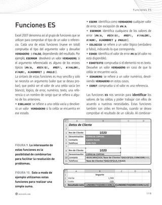 Func iones ES 
119 
redusers.com 
• ESERR: identifica como VERDADERO cualquier valor 
de error, con excepción de #N/A. 
• ESERROR: identifica cualquiera de los valores de 
error (#N/A, #DIV/0!, #REF!, #¡VALOR!, 
#¡NUM!, #¿NOMBRE? y #NULO!). 
• ESLOGICO: se refiere a un valor lógico (verdadero 
o falso), indicando lo que corresponda. 
• ESNOD: identifica el valor de error #N/A (el valor no 
está disponible). 
• ESNOTEXTO: comprueba si el elemento no es texto. 
Devuelve un valor VERDADERO en caso de que la 
celda se encuentre vacía. 
• ESNUMERO: se refiere a un valor numérico, devol-viendo 
VERDADERO en estos casos. 
• ESREF: comprueba si el valor es una referencia. 
Las funciones ES nos servirán para identificar los 
valores de las celdas y poder trabajar con ellos de 
acuerdo a nuestras necesidades. Estas funciones 
también son útiles en fórmulas, cuando se desea 
comprobar el resultado de un cálculo. Al combinar- 
Funciones ES 
Excel 2007 denomina así al grupo de funciones que se 
utilizan para comprobar el tipo de un valor o referen-cia. 
Cada una de estas funciones (nueve en total) 
comprueba el tipo del argumento valor y devuelve 
VERDADERO o FALSO, dependiendo del resultado. Por 
ejemplo, ESERROR devolverá un valor VERDADERO, si 
el argumento referenciado es alguno de los errores 
típicos (#N/A, #DIV/0!, #REF!, #¡VALOR!, 
#¡NUM!, #¿NOMBRE? y #NULO!). 
La sintaxis de estas funciones es muy sencilla y solo 
se necesita un argumento (valor que se desea pro-bar), 
que podrá ser el valor de una celda vacía (en 
blanco), lógico, de error, numérico, texto, una refe-rencia 
o un nombre de rango que se refiera a algu-no 
de los anteriores. 
• ESBLANCO: se refiere a una celda vacía y devolve-rá 
un valor VERDADERO si la celda se encuentra en 
ese estado. 
FIGURA 9. lo interesante de 
estas funciones es la 
posibilidad de combinarlas 
para facilitar la resolución de 
problemas. 
FIGURA 10. solo a modo de 
ejemplo utilizamos estas 
funciones para realizar una 
simple suma. 
 